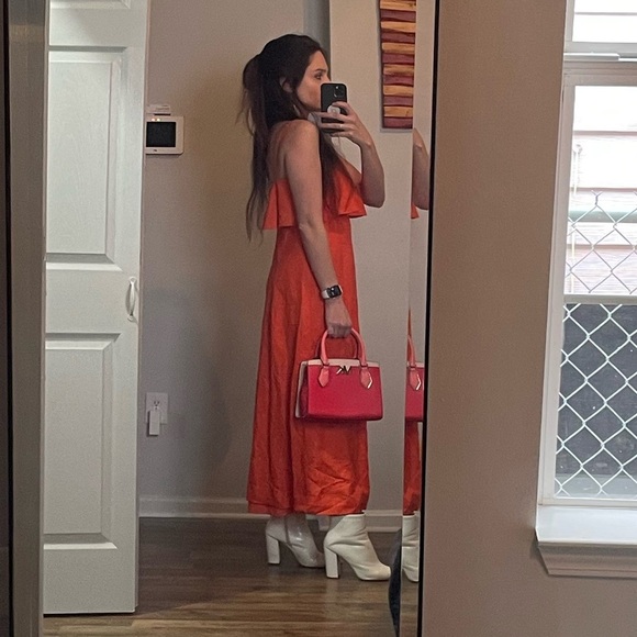 ANN TAYLOR Women's Linen Blend Maxi Dress Ruffle Tiered Size 0 in Orange - Picture 5 of 7